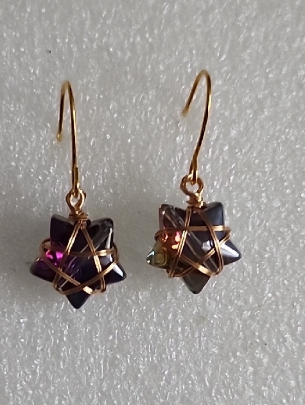 Gold Wire Wrapped Hematite Look Star Drop Earrings with Iridescent Accents
